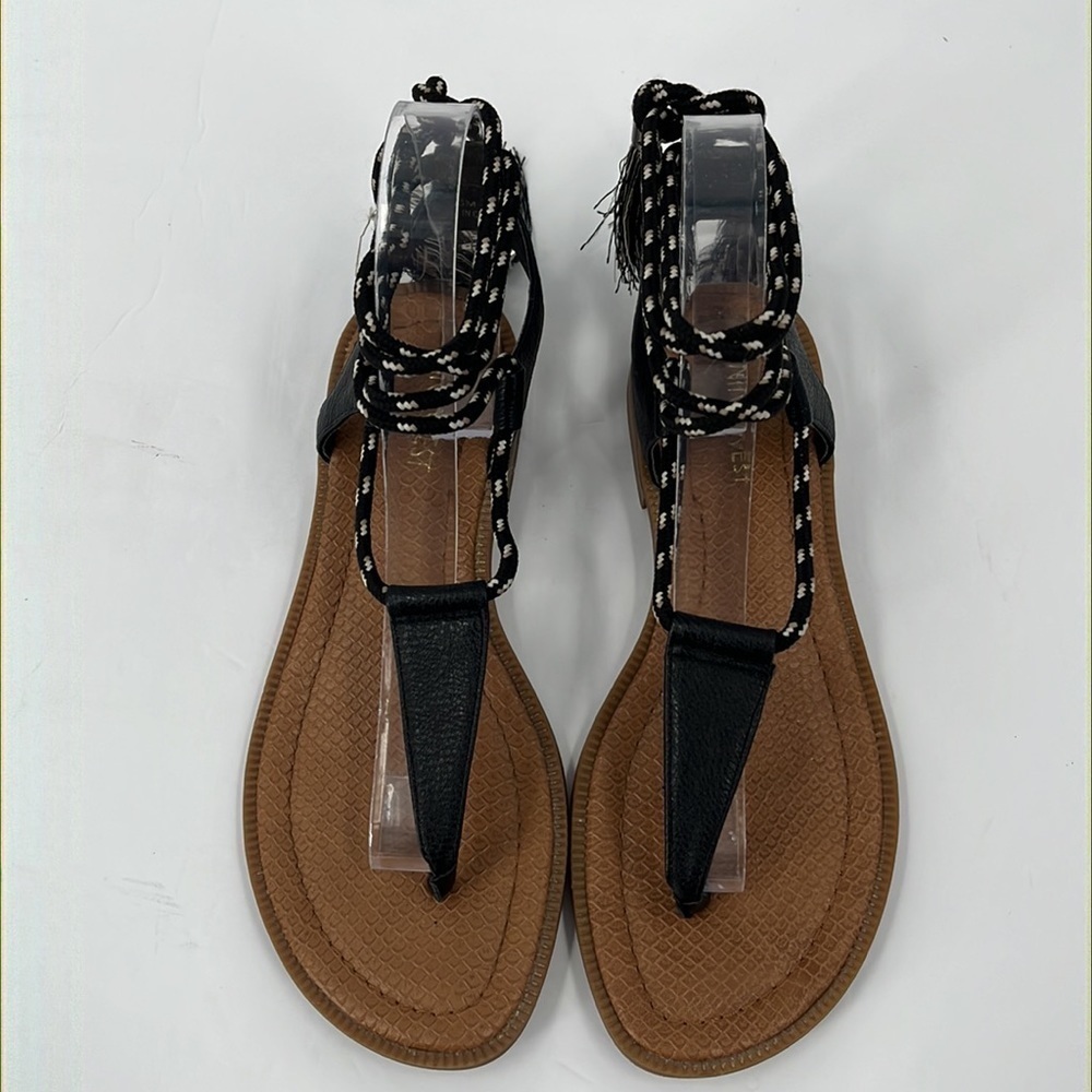 NINE West Gannon Strappy Sandal Wrap Flat Black Tassel Boho Gladiator  6 - Picture 3 of 9